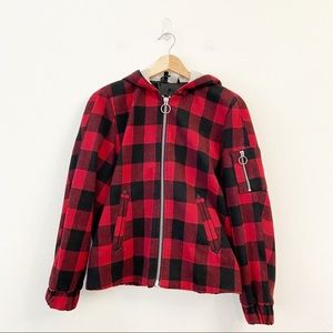 H&M Red and Black Checkered Bomber Jacket